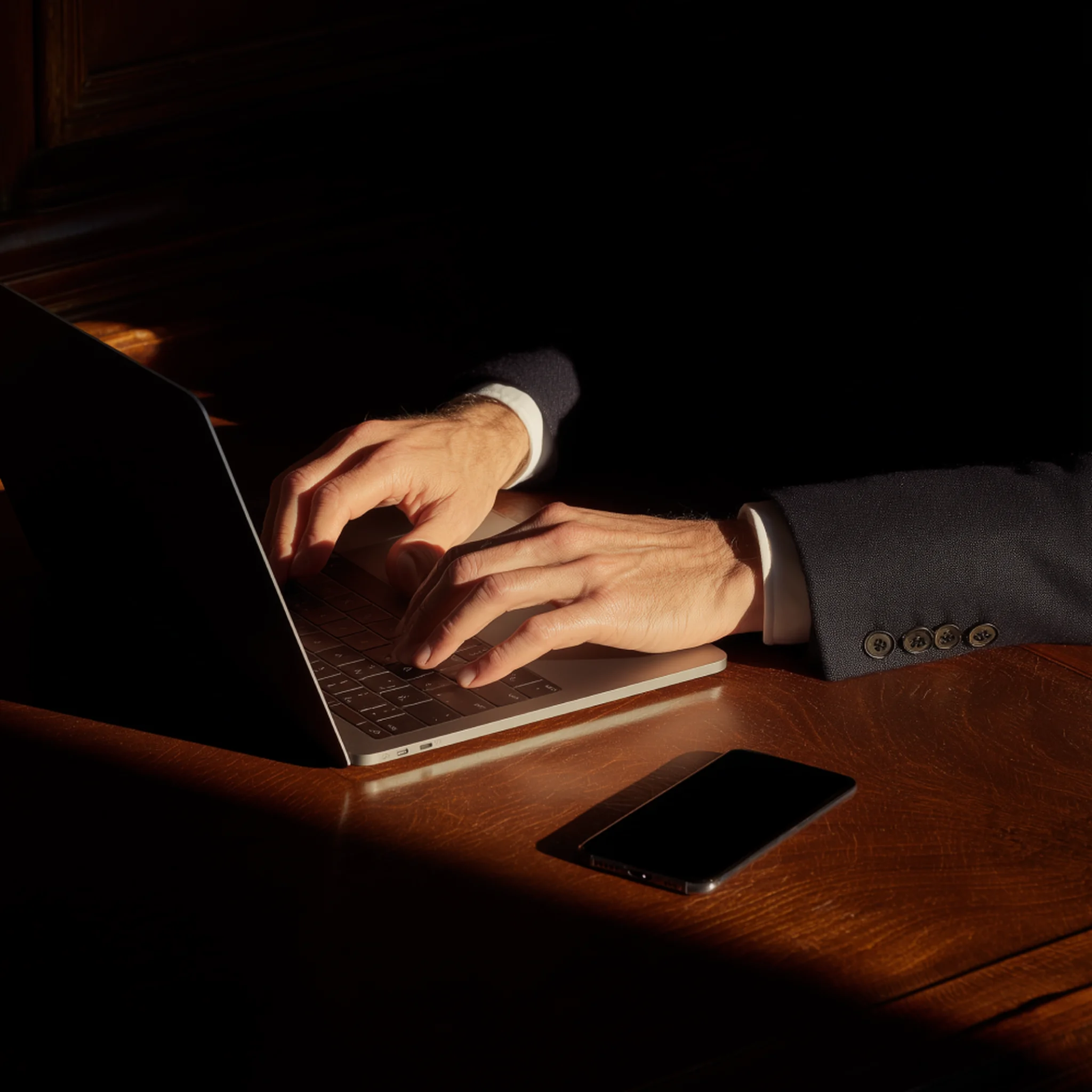 Hands at work on a laptop in warm light
